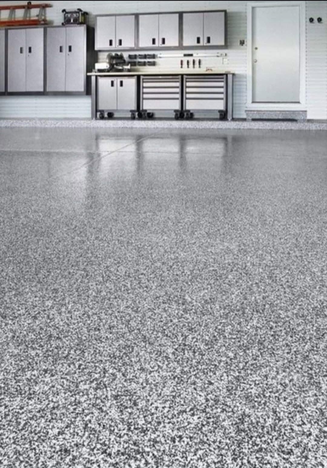Gray flake epoxy garage floor installation Flagstaff AZ